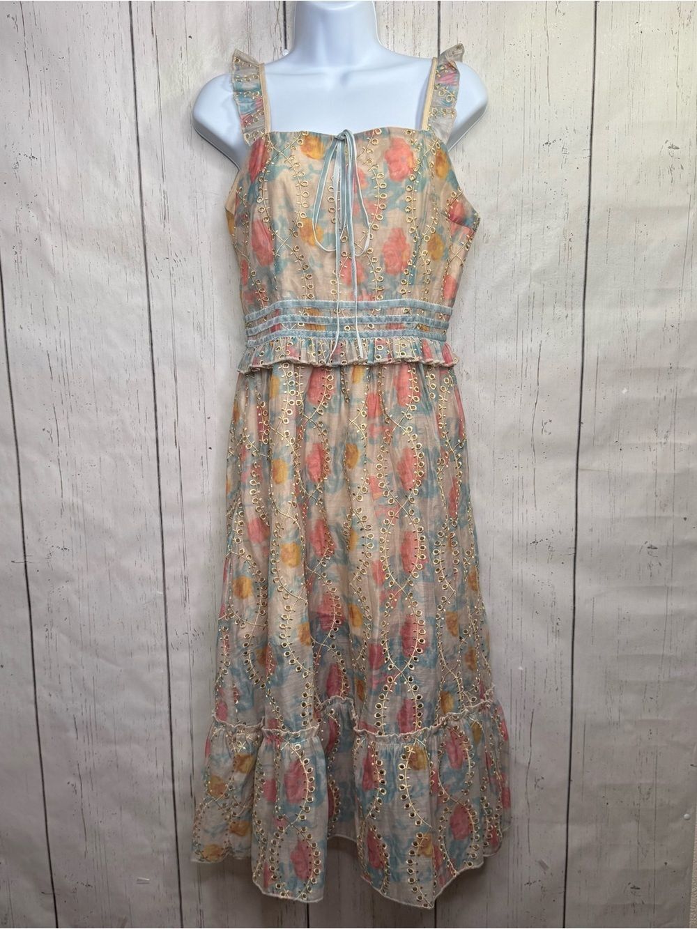 Chicwish Pastel Floral Embroidered Cottagecore Fairycore Midi Dress Boho Size S